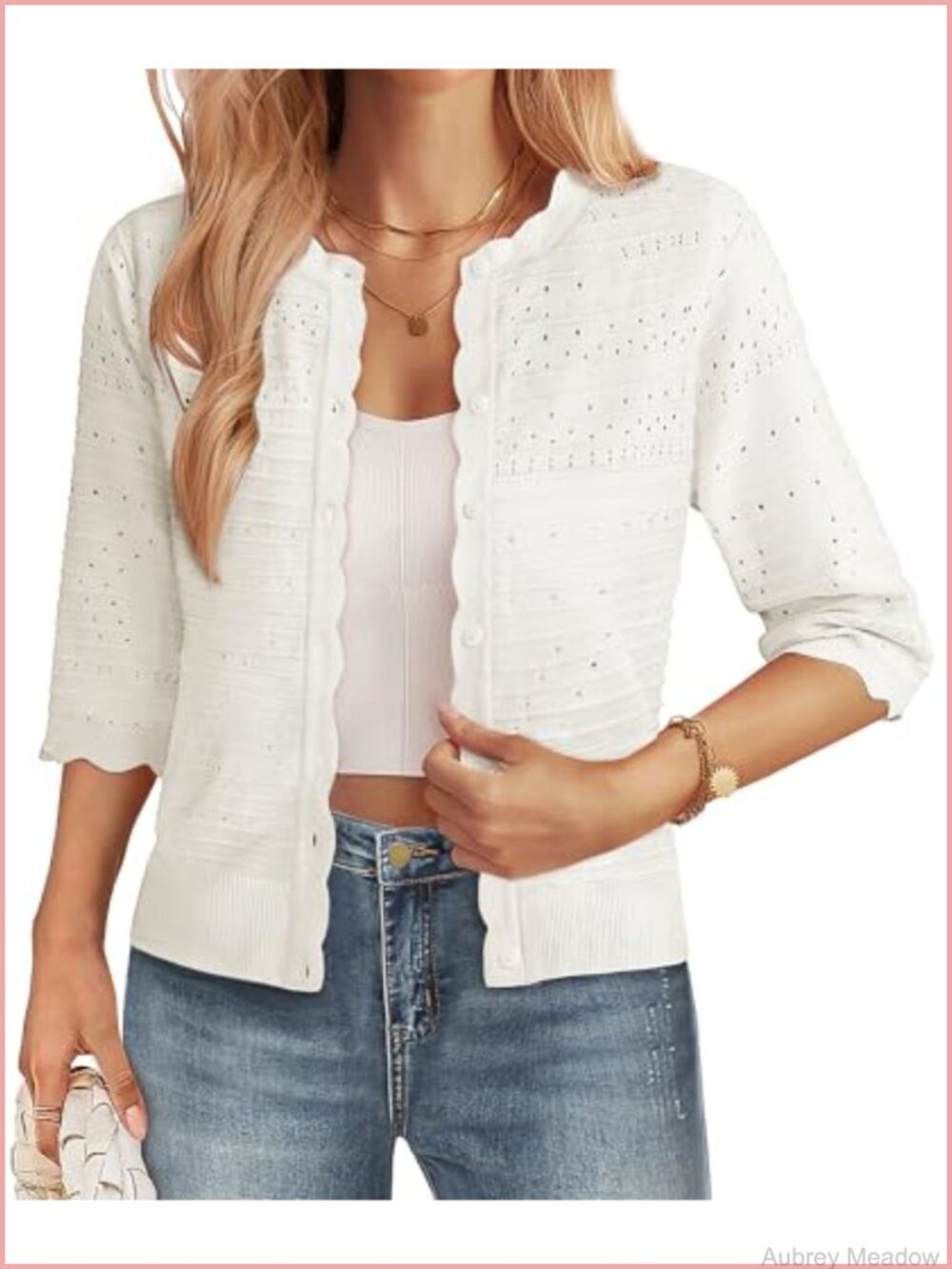 Lace Crochet Cardigan 3/4 Sleeve Button Up V-Neck Cute Shrug